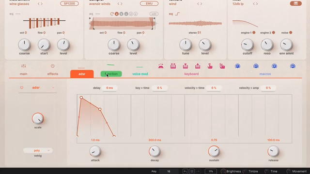 These modulators can be routed to nearly any parameter creating rhythmic patterns, unpredictable movement or evolving textures.