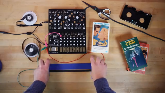 By patching a cable to an input, in this case the volt per octave input, and then touching it to a point on this ribbon controller, we can…