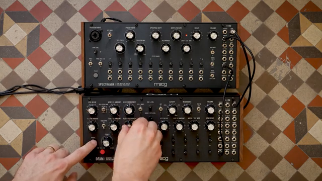 DFAM's sequencer has two rows, one for pitch and one for velocity, and the velocity will determine how hard we're hitting the resonant body…