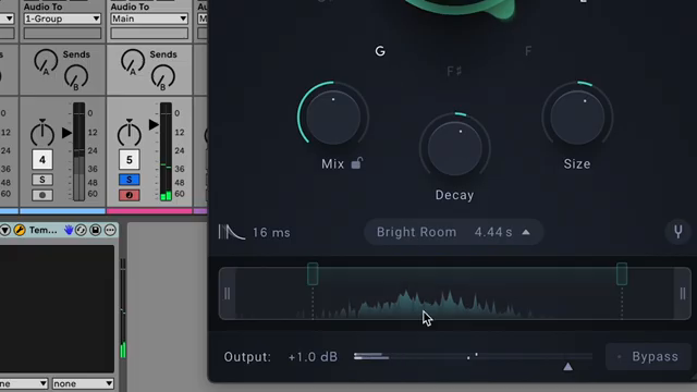 This is overlaid on a spectral analyzer that lets us see the frequency of our reverb.