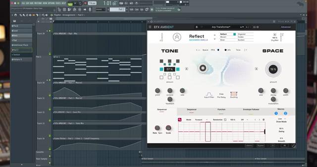At the end of the phrase, both space mix and tone mix rise significantly, pushing the pad into a nearly full wet state.