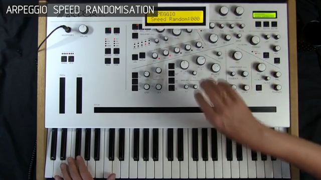 Normally the arpeggiator plays in a steady pace but if you turn up random the speed, this pace gets randomized.